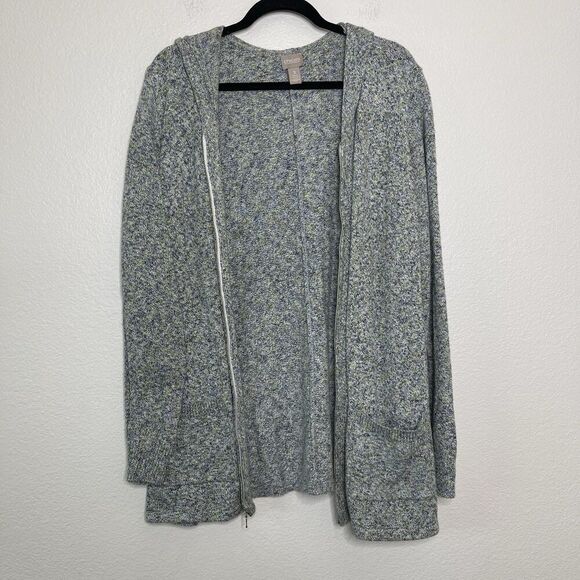 Chicos Sweater Jacket 3 XL Zip Cardigan Knit Blue Green Hooded Mid Length Pocket - Picture 1 of 8